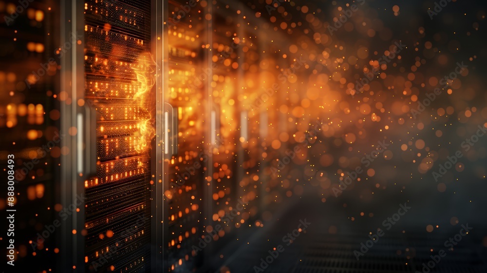 Fototapeta premium Data center with glowing servers, showcasing digital technology and network infrastructure in a futuristic setting.