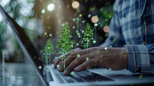 Digitally Enhanced Man Engaged in Online Questionnaires on Laptop with Green Checkered Icons Technology Interface Concept photo