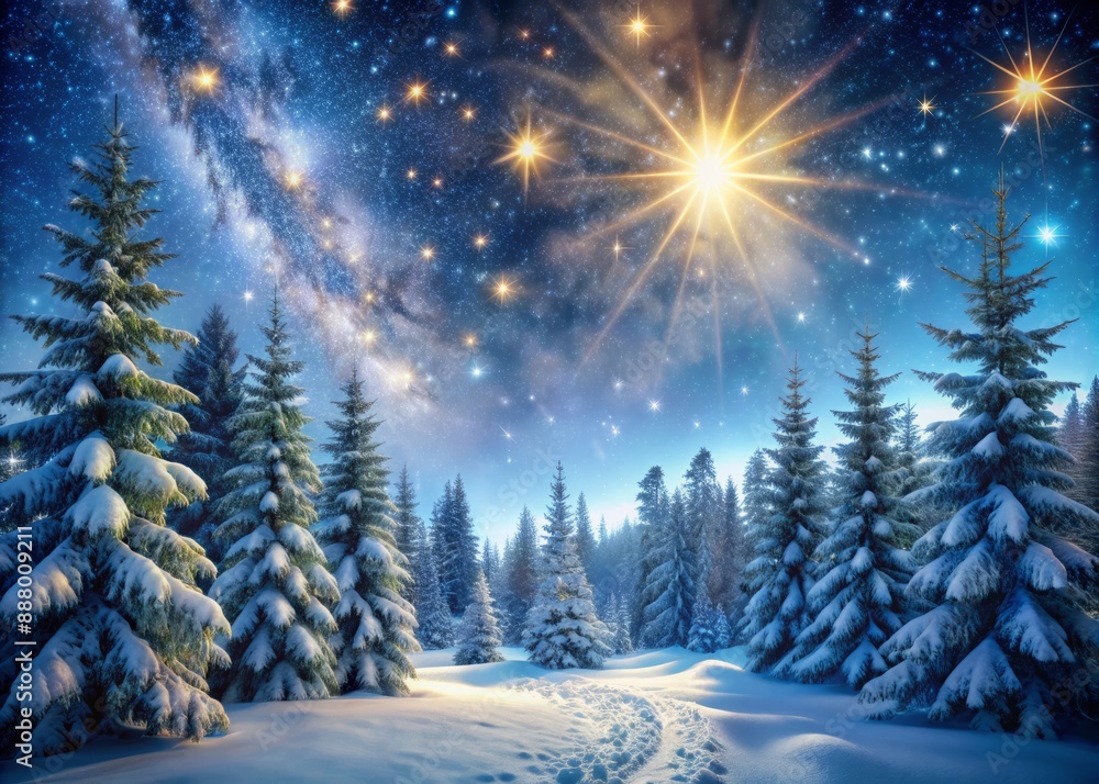 Fototapeta premium Snowflakes gently fall on a serene winter night landscape, illuminating a majestic forest where snow-laden fir branches stretch towards the starry sky.
