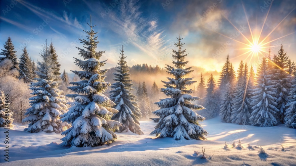 Serene frosty winter landscape featuring snow-covered evergreen trees, sparkling ice crystals, and a soft misty fog in a peaceful snowy forest Christmas background. Serene frosty winter landscape featuring snow-covered evergreen trees, sparkling ice crystals, and a soft misty fog in a peaceful snowy forest Christmas background.