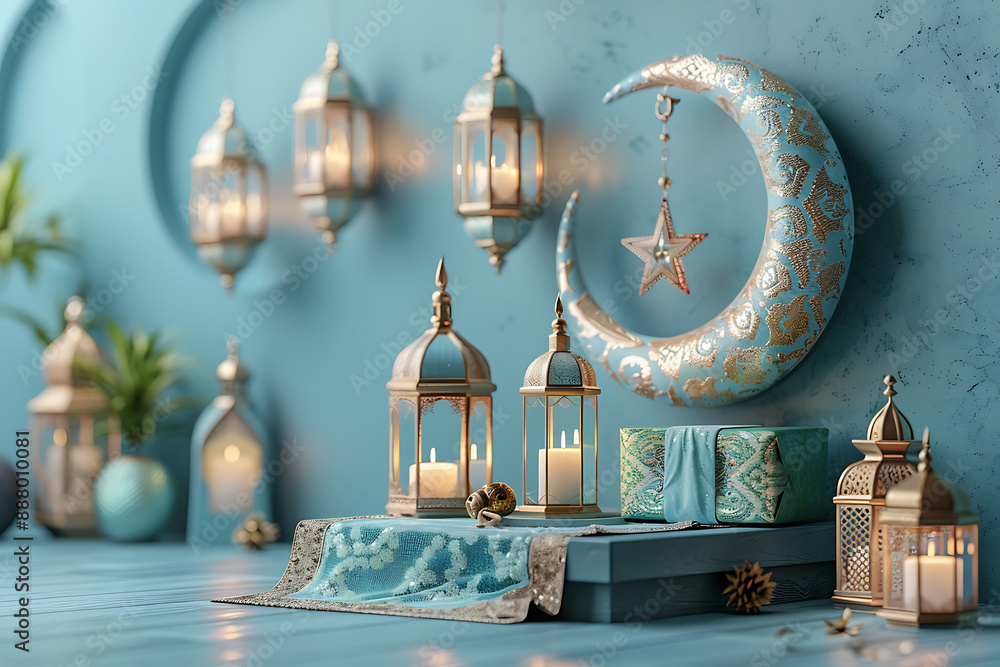 Obraz premium Ramadan kareem, 3d render image empty mockup light green podium