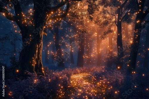 Magic fairy tale night forest fantasy fairy tale scenery with glowing lights