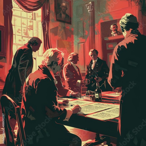 An artistic illustration of the American Declaration of Independence being signed, showing the founding fathers in an ornate room with period furnishings.