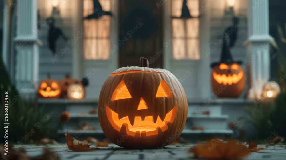 Eerie Halloween Decor in Spooky Front Yard with Carved Pumpkins and Haunted House Props Creating Chilling Atmosphere Eerie Halloween Decor in Spooky Front Yard with Carved Pumpkins and Haunted House Props Creating Chilling Atmosphere