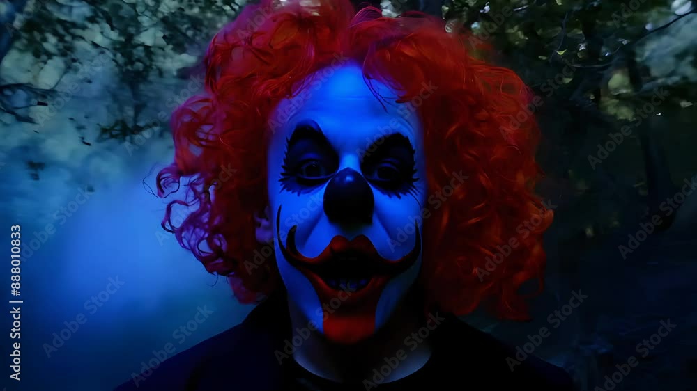 A scary clown in a forest. Halloween concept A scary clown in a forest. Halloween concept