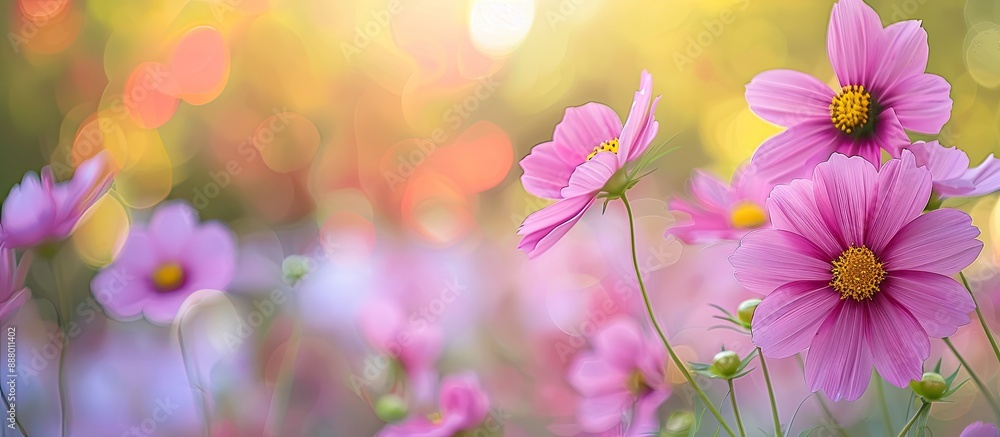 Autumn field with pink cosmos flowers in the background showcasing an empty space for text or image. Copy space image. Place for adding text and design Autumn field with pink cosmos flowers in the background showcasing an empty space for text or image. Copy space image. Place for adding text and design