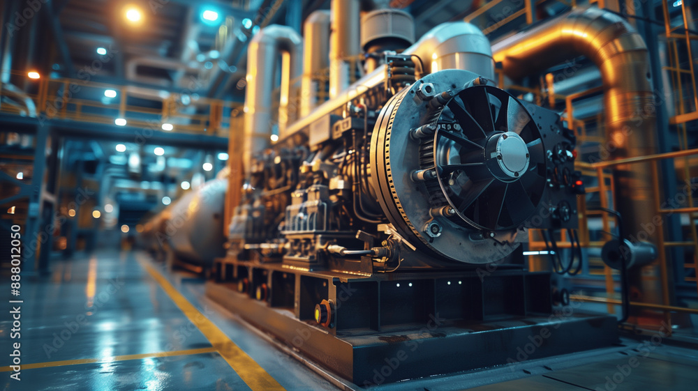 An industrial engine powering a large generator at a power plant An industrial engine powering a large generator at a power plant