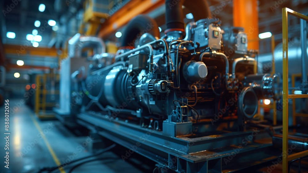 An industrial engine powering a large generator at a power plant An industrial engine powering a large generator at a power plant