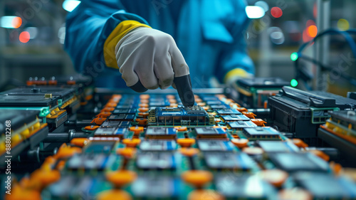 Close-up of a worker inspecting the components of a lithium-ion battery pack