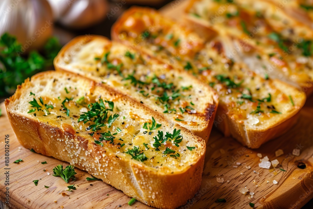 Garlic bread with melted cheese and herbs Garlic bread with melted cheese and herbs