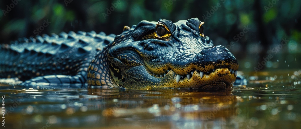 Fototapeta premium Primeval Predator: Menacing Black Caiman Camouflaged in Amazonian Swamp Waters