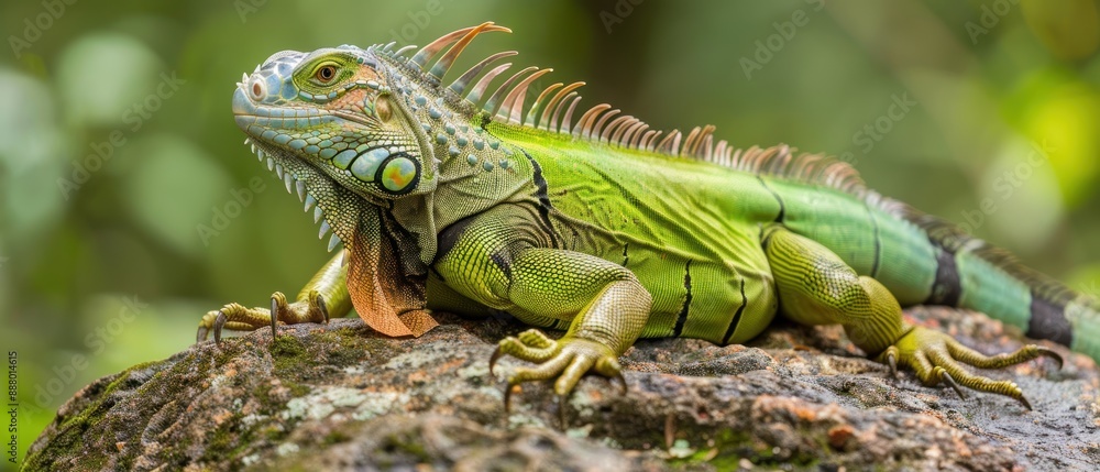 Fototapeta premium Majestic Green Iguana Basking on a Sunlit Rock in Lush Amazon Rainforest