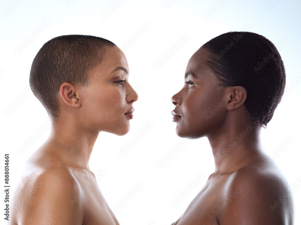 Friends, profile and beauty of women, skincare and shine in studio, confident and treatment. White background, model and people with different shades of skin glow and proud with natural cosmetics Friends, profile and beauty of women, skincare and shine in studio, confident and treatment. White background, model and people with different shades of skin glow and proud with natural cosmetics