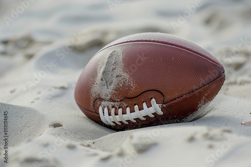 Brown leather football embedded in white sand on beach photo