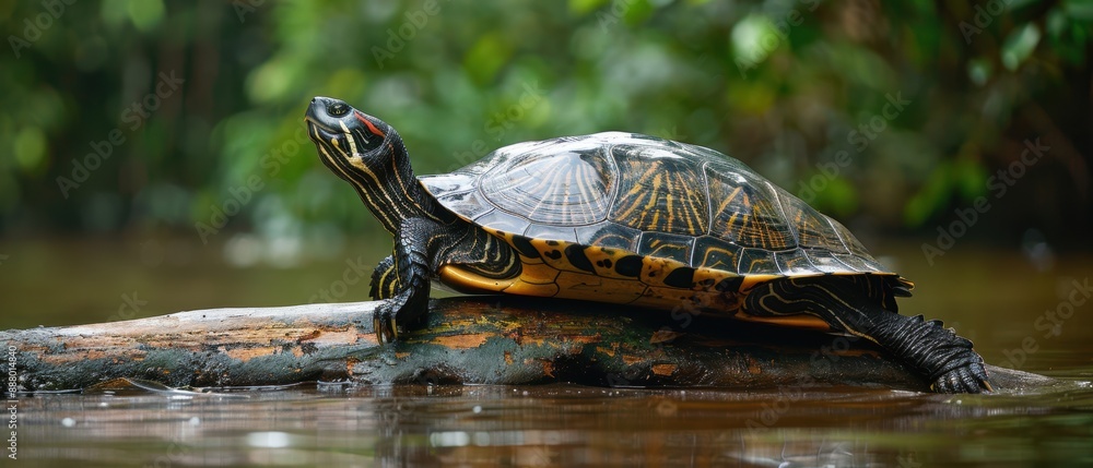 Obraz premium Majestic Giant River Turtle Soaking Up the Sun on a Log in the Amazon River