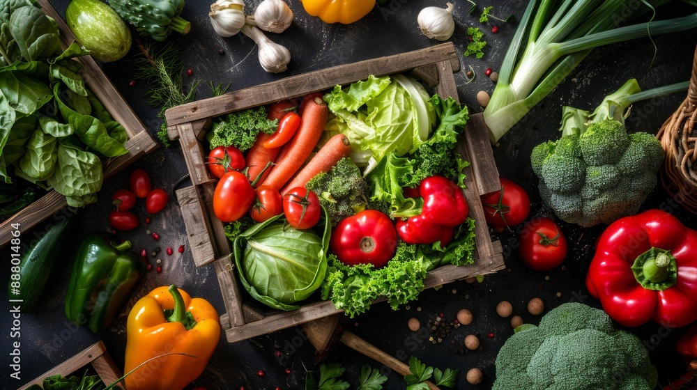 Fresh vegetables in rustic wooden crates Fresh vegetables in rustic wooden crates