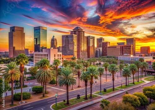 Vibrant orange and pink hues illuminate the urban skyline of downtown Phoenix at sunset, with sleek skyscrapers and palm trees lining the deserted streets.