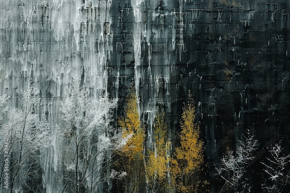 Naklejka premium Abstract black, white, and yellow paint splatters creating a dramatic and modern art piece with dynamic textures and contrasts.