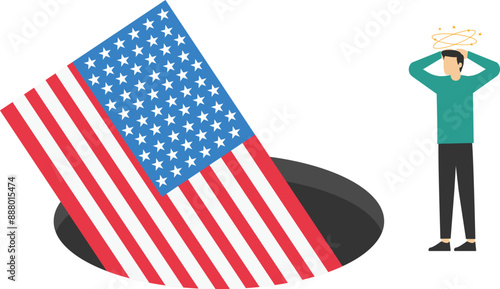Flag United States of America fell into a pit. Crisis in USA. Symbol of crisis, recession, downfall and stock market crash. Vector illustration concept.


