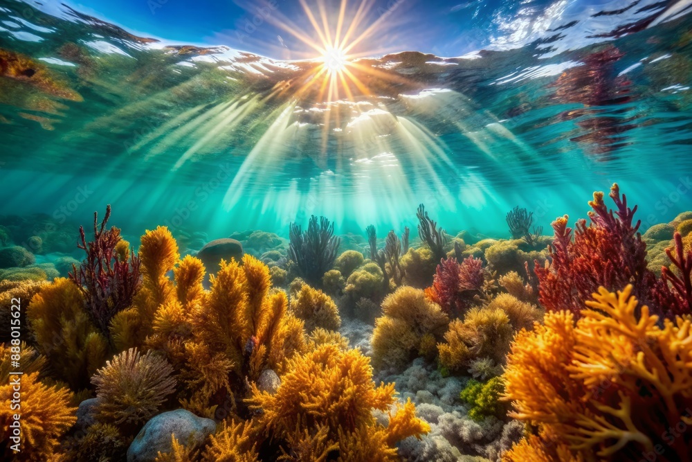 Naklejka premium Dazzling sunlight filters through turquoise ocean depths, casting an ethereal, soft-focus glow on undulating seaweed, coral, and sparkling marine life in mesmerizing display.