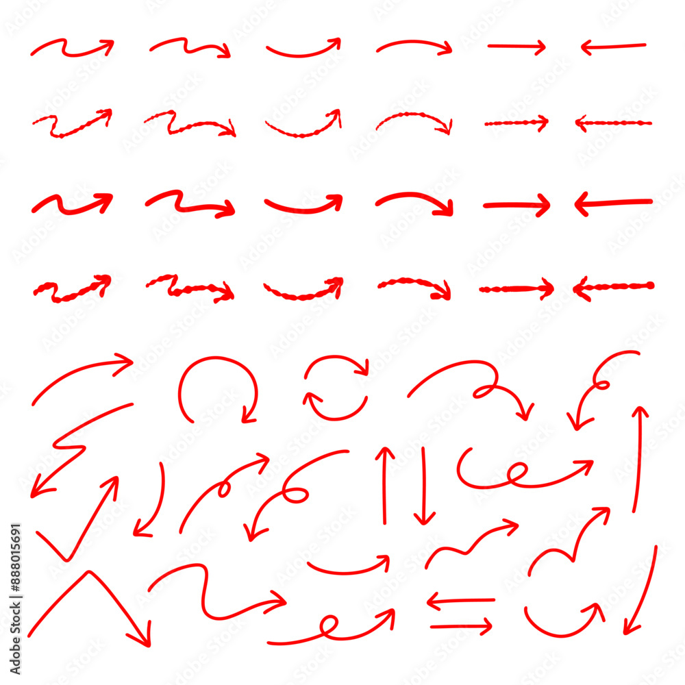 シンプルなペンの手書きの矢印セット ベクター 赤