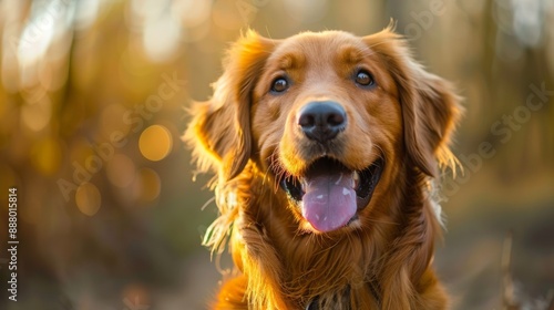 A happy Golden Retriever with its tongue out, enjoying the outdoors in autumn, with a blurred background of fall foliage