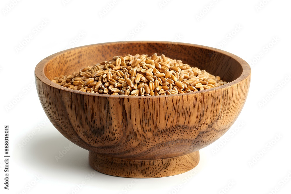 A wooden bowl filled with grains on top of a white surface A wooden bowl filled with grains on top of a white surface