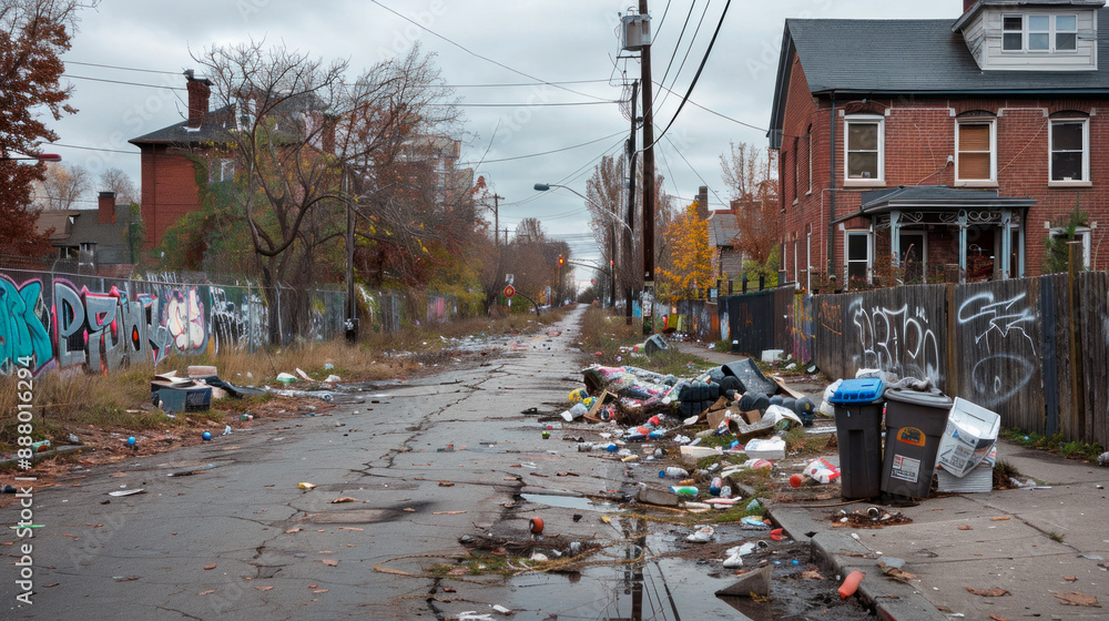 Poor, abandoned, dangerous neighborhood, litter everywhere Poor, abandoned, dangerous neighborhood, litter everywhere