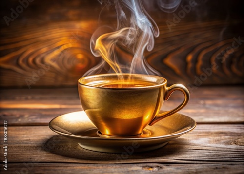 Warm golden coffee fills a ceramic cup, emitting a gentle swirl of steam that rises into the air, creating a cozy morning atmosphere.