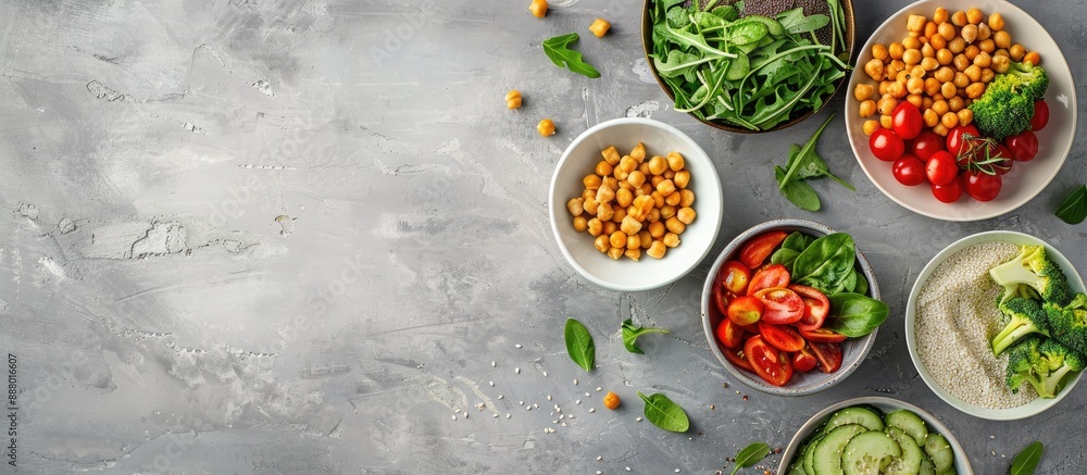 Top down perspective showcasing a variety of healthy vegan foods with a clean eating theme on a flat surface with space for additional content or text a copy space image Top down perspective showcasing a variety of healthy vegan foods with a clean eating theme on a flat surface with space for additional content or text a copy space image