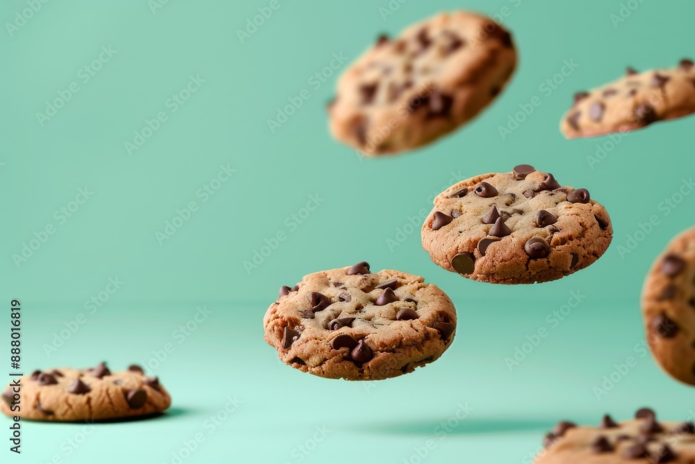 Chocolate chip cookies floating in air on green background. Chocolate chip cookies floating in air on green background.