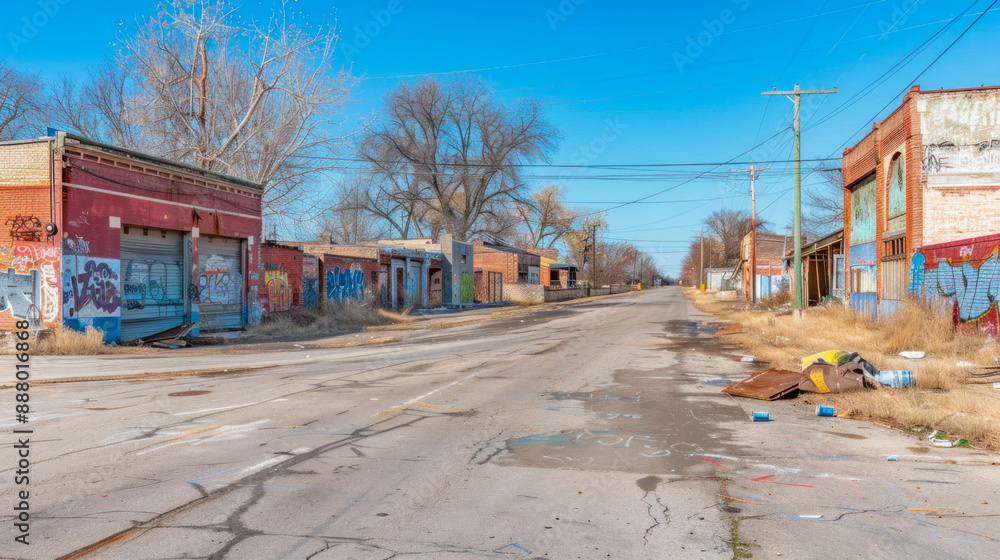 Poor city outskirts, no man's land with abandoned houses, graffiti and litter Poor city outskirts, no man's land with abandoned houses, graffiti and litter