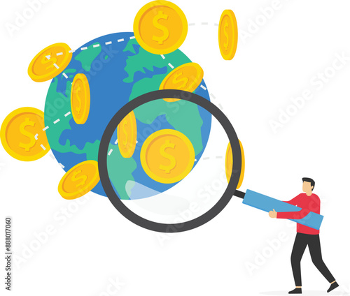 Hand holds a magnifying glass for holding search coins world financial global money exchang. Business deal. Vector illustration.
