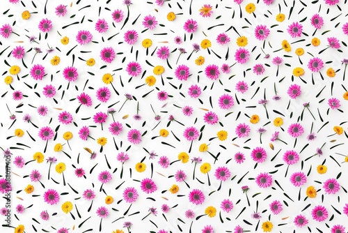 A close up of a flowery pattern with pink and yellow flowers. The flowers are scattered throughout the image, with some in the foreground and others in the background.