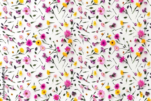 A flowery pattern with pink and yellow flowers. The flowers are scattered all over the image, creating a sense of abundance and beauty. The colors of the flowers are bright and cheerful