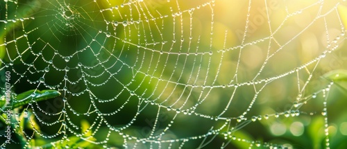 Close up of real creepy spider web silhouette in the morning dew with water drops, illuminated by the sun