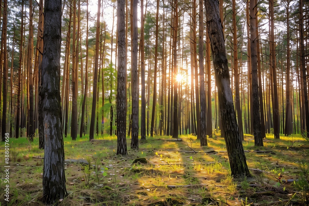 Obraz premium A forest with trees in the foreground and background. The sun is shining through the trees, casting a warm glow on the forest floor