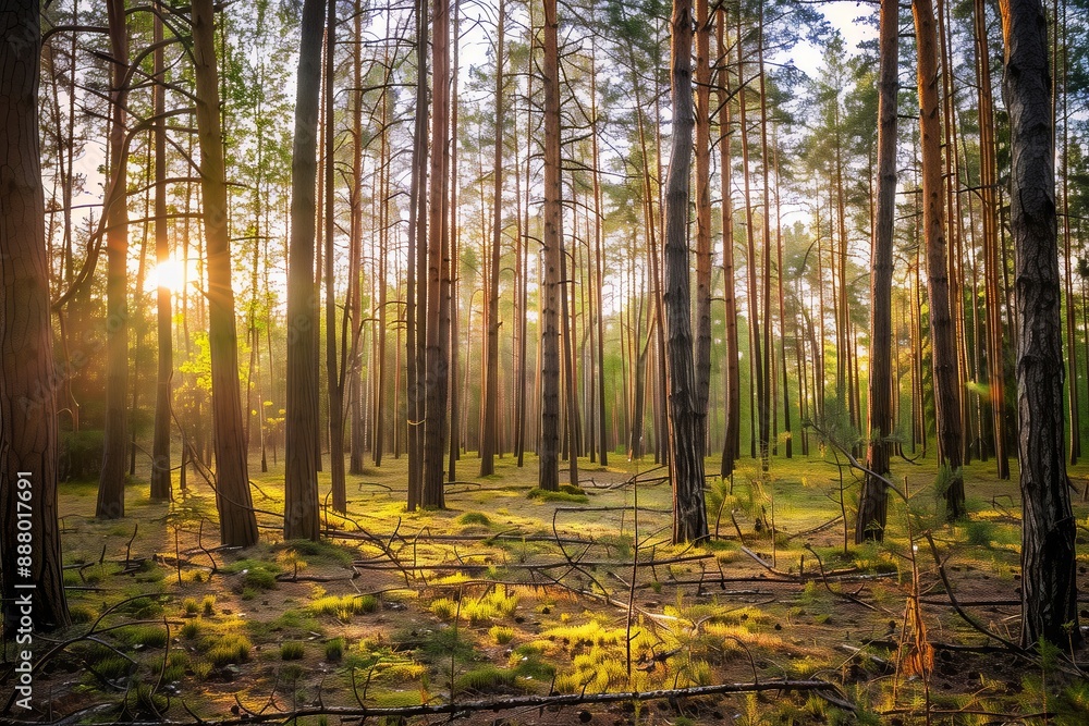 Obraz premium A forest with trees and sunlight shining through the leaves