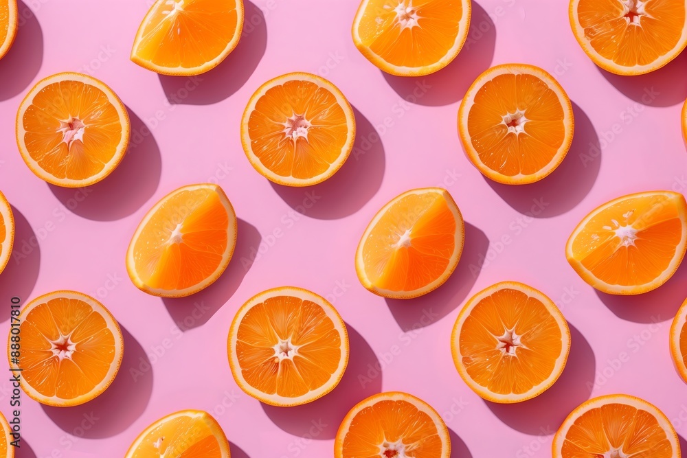 A close up of many oranges with the skin peeled off. The oranges are arranged in a pattern on a pink background A close up of many oranges with the skin peeled off. The oranges are arranged in a pattern on a pink background