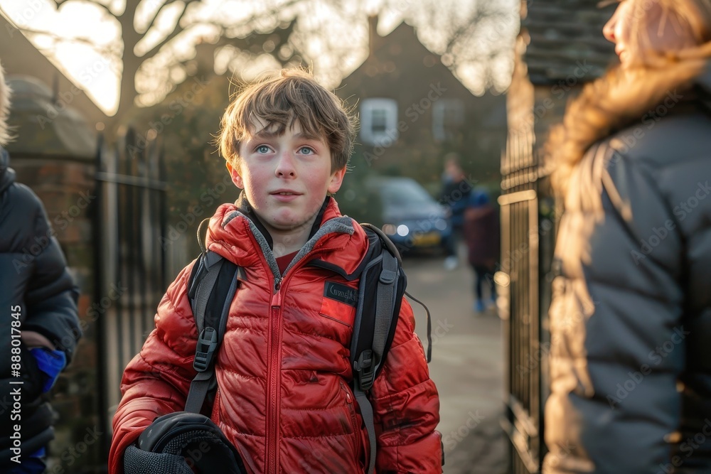 A young boy nervously clutches his backpack straps as he enters the school gates, greeted by a smiling teacher A young boy nervously clutches his backpack straps as he enters the school gates, greeted by a smiling teacher