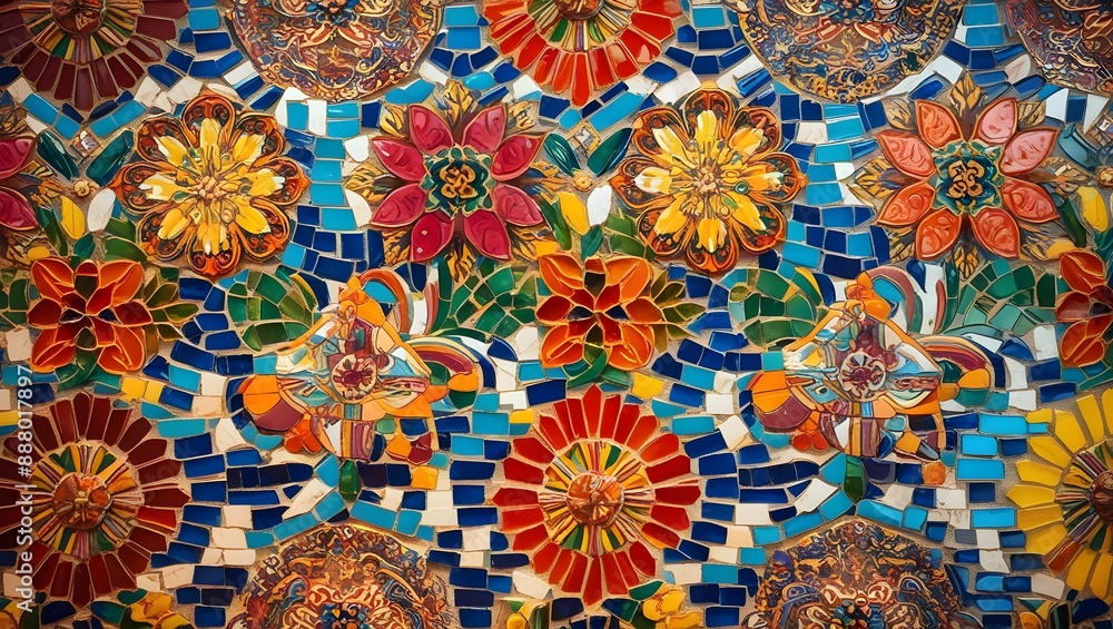 Fototapeta premium Vibrant Mosaic of Floral Patterns Abstract Background, A Tapestry of Traditional Artistry