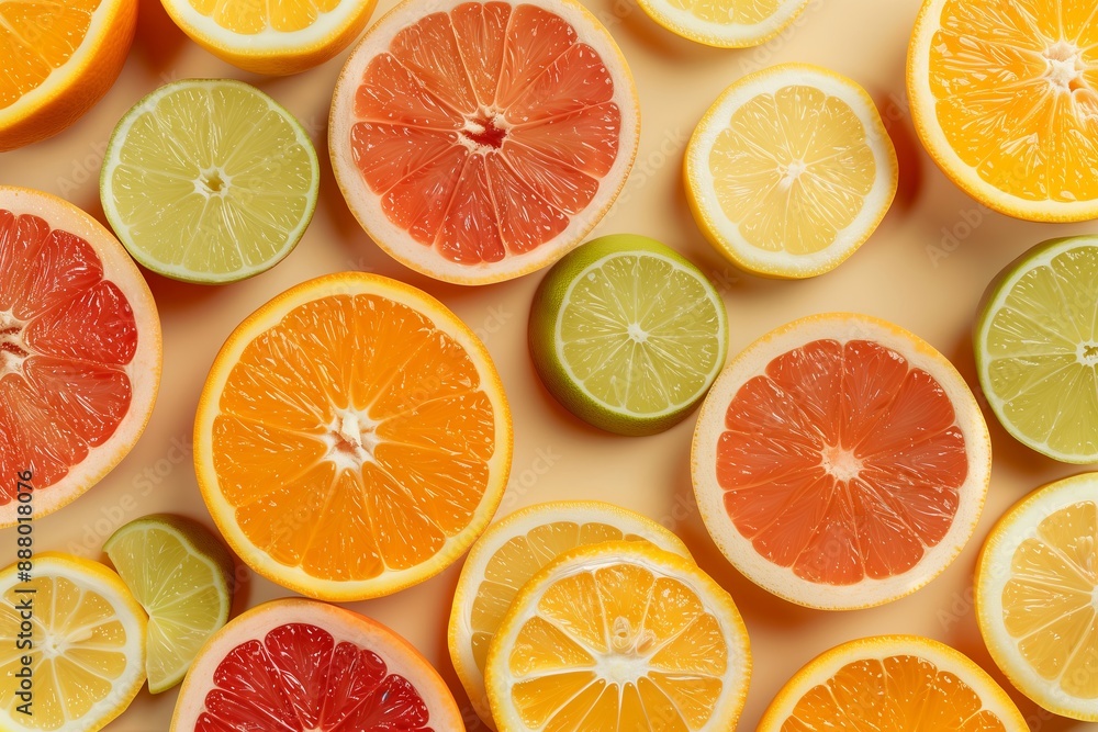 Obraz premium A close up of many oranges on a pink background. The oranges are cut in half and arranged in a pattern. Concept of abundance and freshness, as well as a playful and colorful mood