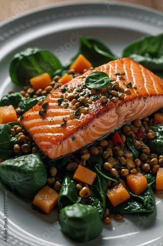 Salmon and lentils with spinach on a plate. photo