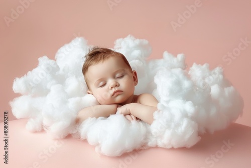 Cute Sleeping Baby Sleeping On A White And Soft Cloud, Studio Photo, A Light Pink Background, Baby Floating On A Cloud