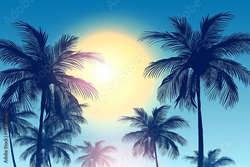 A tropical scene with palm trees and a sun in the sky. Scene is peaceful and relaxing © Aaron Weiss