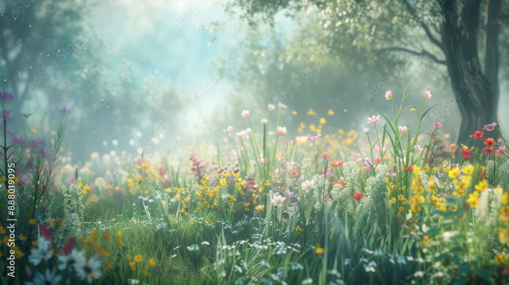 A tranquil meadow with wildflowers in full bloom A tranquil meadow with wildflowers in full bloom