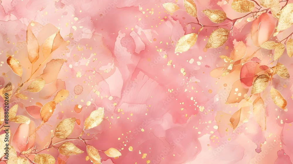 Luxurious golden wallpaper. Pink background. Gold leaves wall art with shiny golden light texture. Modern art mural wallpaper with watercolor stains. Vector illustration Luxurious golden wallpaper. Pink background. Gold leaves wall art with shiny golden light texture. Modern art mural wallpaper with watercolor stains. Vector illustration