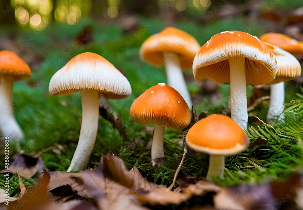 White and orange cap mushrooms in the forest or nature. Outdoor forest. Poisonous plants. White and orange cap mushrooms in the forest or nature. Outdoor forest. Poisonous plants.