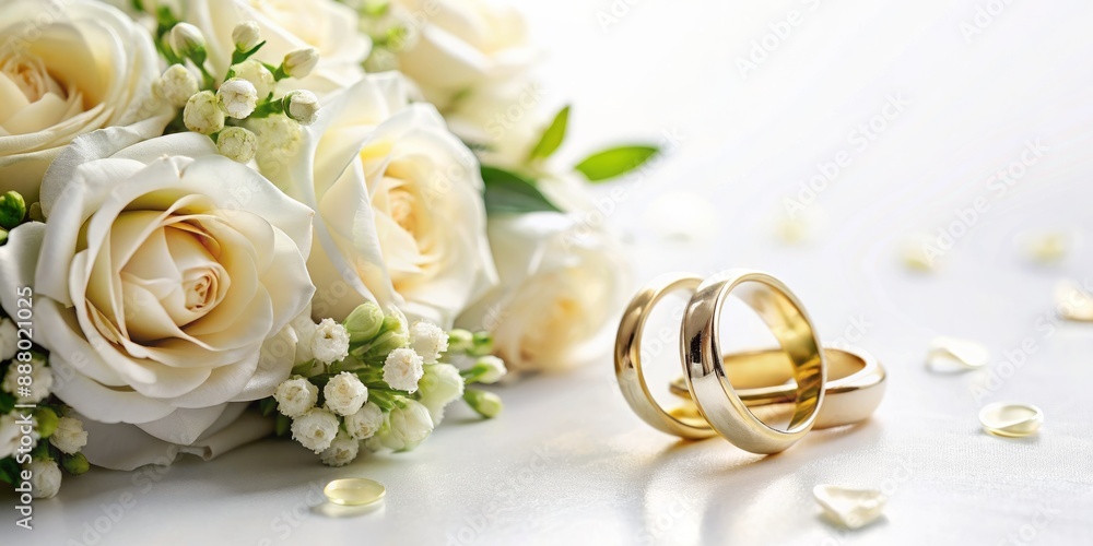 A delicate bouquet of white flowers surrounds a pair of elegant gold wedding rings on a soft, white background with ample copy space. A delicate bouquet of white flowers surrounds a pair of elegant gold wedding rings on a soft, white background with ample copy space.