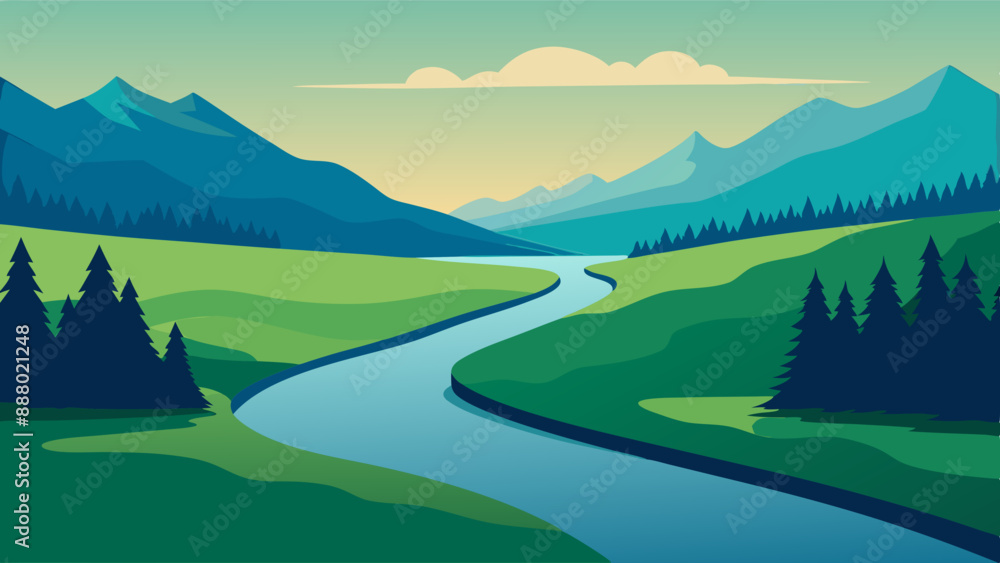 River landscape illustration with a view of green fields, mountains and trees River landscape illustration with a view of green fields, mountains and trees